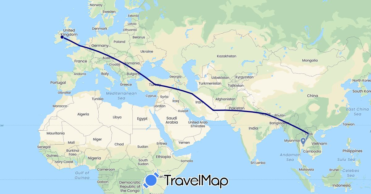 TravelMap itinerary: driving, cycling in United Kingdom, Ireland, Iran, Laos, Nepal, Thailand, Turkey (Asia, Europe)